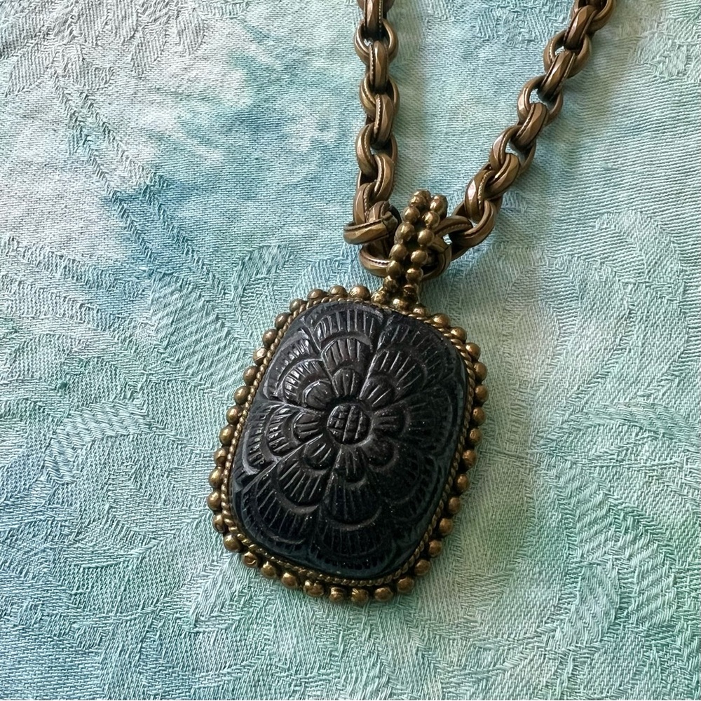 Stephen Dweck carved blue goldstone pendant and bronze chain.